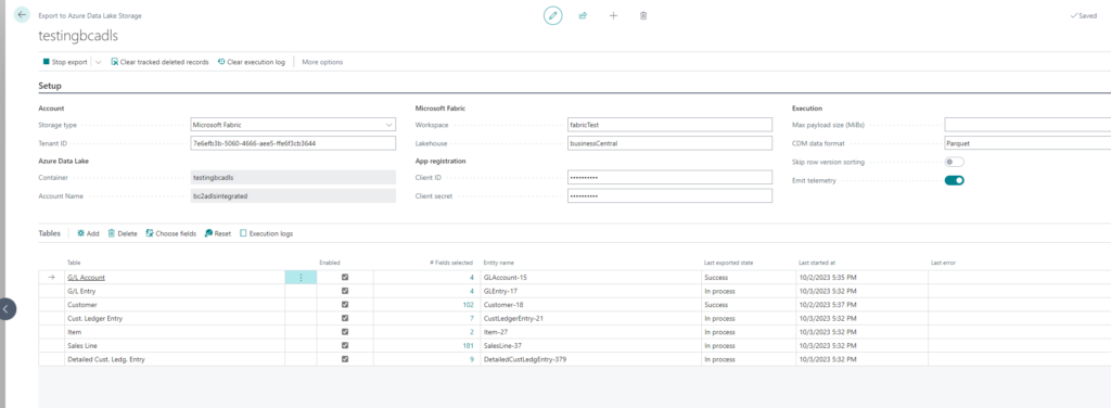 bc2adls setup page in Business Central