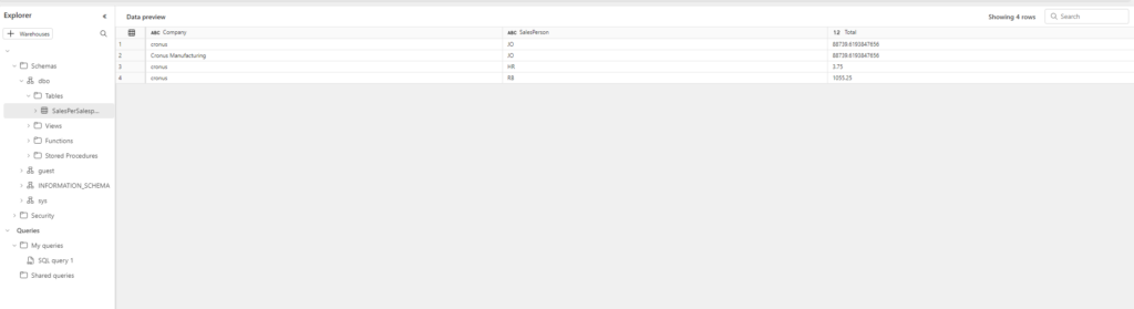 SQL query results: sales per salesperson per company